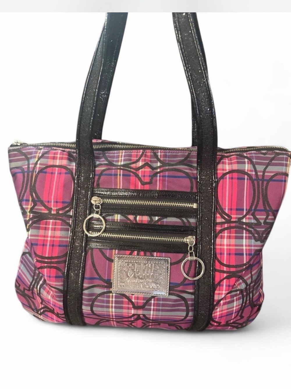 Coach Poppy large tartan plaid fabric tote bag (style #14360)